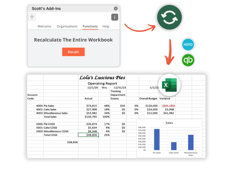 1-Click recalc to sync live Xero & Quickbooks data in Excel